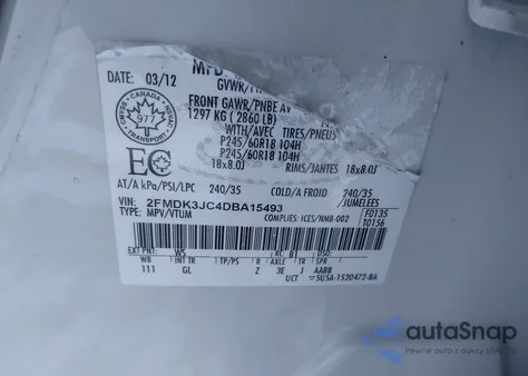 2013 Ford Edge Sel из США, поврежденный, VIN 2FMDK3JC4DBA15493